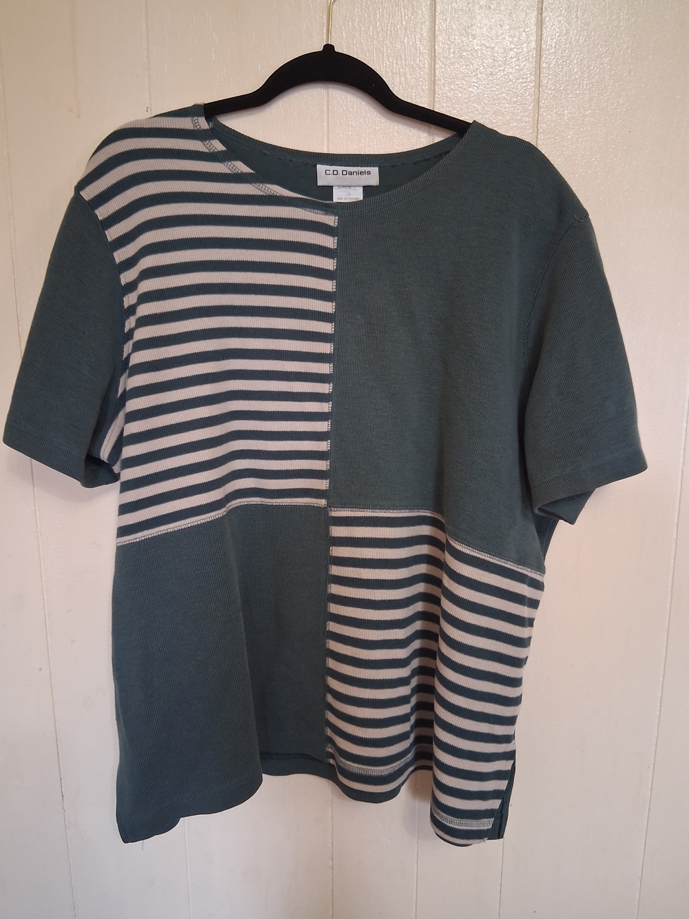 Womans Green & Cream Patchwork Striped Short Sleeve Shirt